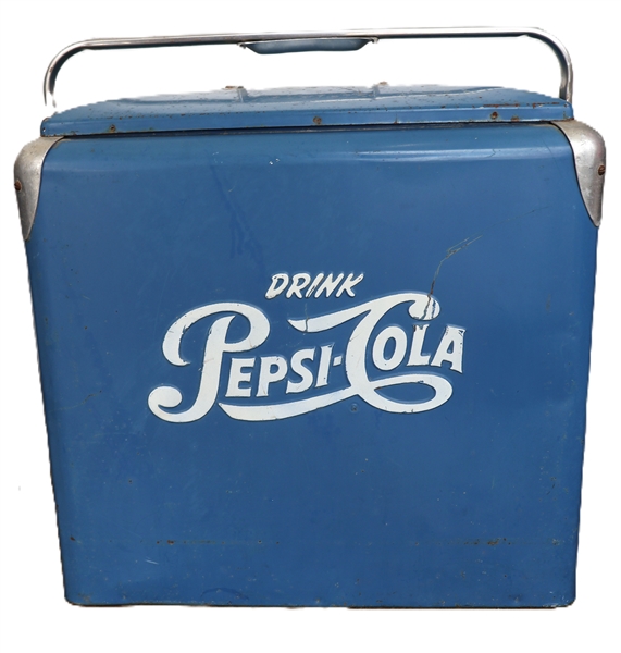 "Drink Pepsi Cola" Blue Metal Drink Cooler - Logo on Both Sides - Good Paint - Measures 16 1/4" tall 18" by 13" Not Including Handle