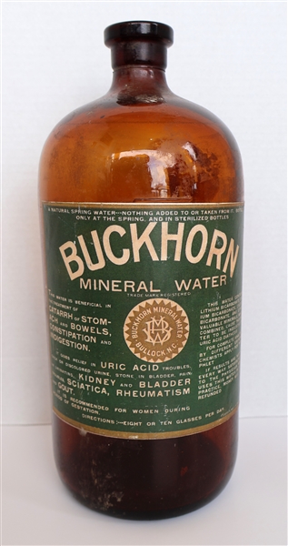 "Buckhorn Mineral Water" Amber Water Bottle with Good Original Paper Label - Measures 13" Tall Bullock, NC