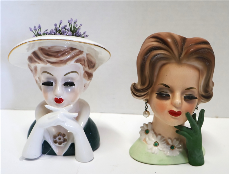 2 Head Vases - Napcoware # C6428 with Eyes Closed and Original Earrings and Other Unmarked - Measuring 6" Tall 