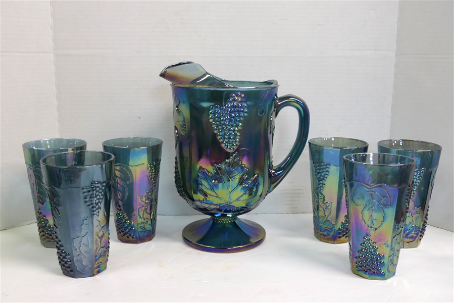 Indiana Carnival Glass Blue Carnival Harvest Grape Pitcher and 6 Cooler Glasses - Pitcher Measures 10 1/2" at Tallest - Glasses Measure 6"