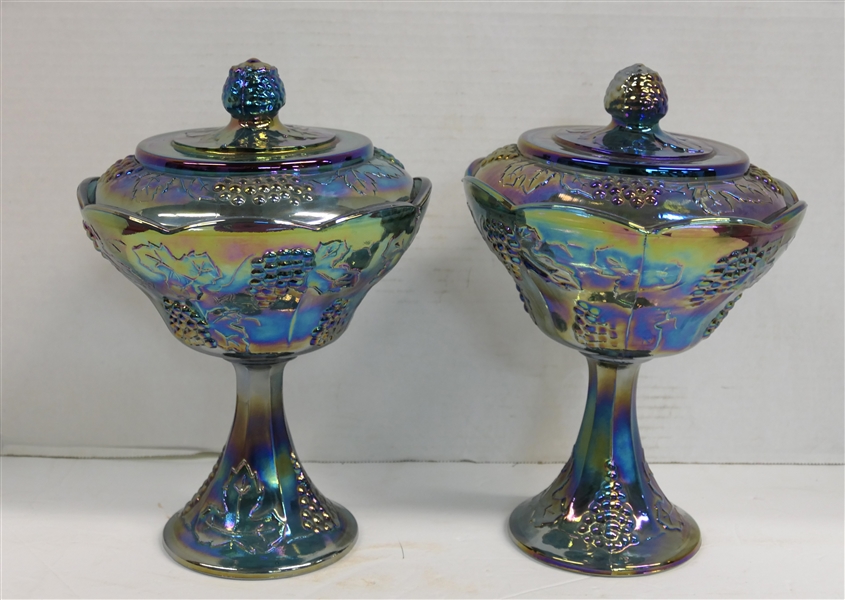2 - Indiana Glass Blue Carnival Harvest Grape "Wedding Bowls" - Footed Bowls with Lids - Each Measures 10 1/2" Tall 