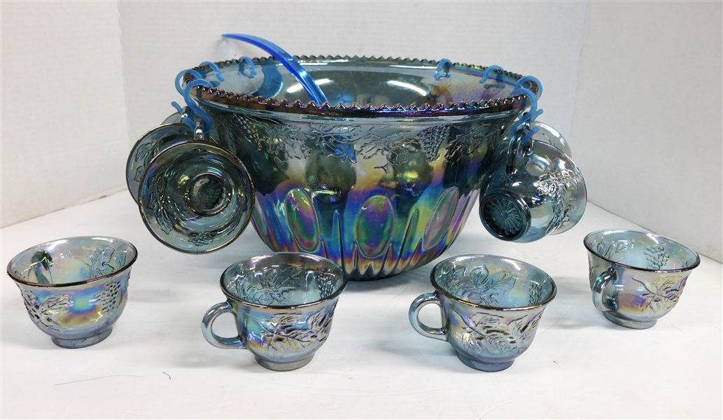 Indiana Glass Blue Carnival Harvest Punch Bowl Set - Bowl, 12 Punch Cups, and Blue Plastic Ladle - Punch Bowl Measures 7" Tall 12" Across