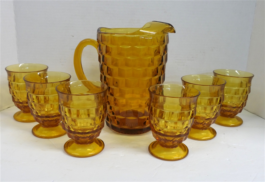 Amber Whitehall Cubist Pitcher and 6 Glasses Set - Pitcher Measures 8 1/2" Tall Glasses Measure 4 1/2" Tall 