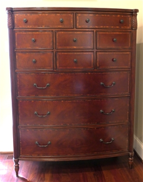 Fine Theodore Alexander Tallboy Chest - 2 Drawers Over 6 Drawers Over 3 Drawers - Carved Reeded Pilasters -Bowed Front -  Chest Measures 62 1/4" 48" by 20"