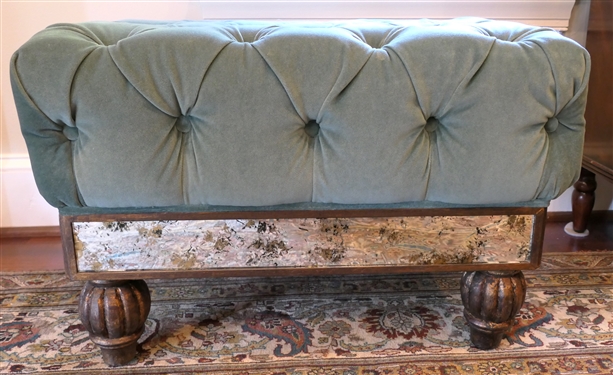 Green Velvet Button Tufted Foot Stool with Mirrored Frame - Stool Measures 17" Tall 18" by 16" - Some Small Marks on Top Surface