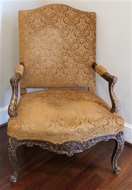 Beautiful Gold Arm Chair with Heavily Carved Frame - Gold Velvet Brocade Upholstery - Chair Measures 44 1/2" Tall 28" by 24" 