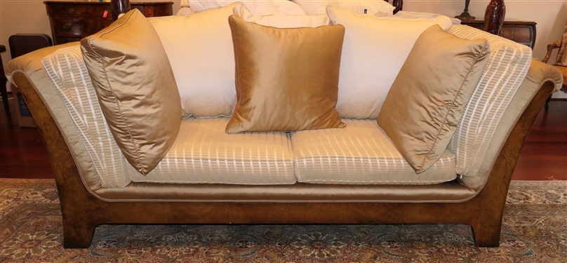 Elegant Gold Upholstered Love Seat - Rolled Arms - Velvet Cushions - Wood Frame - Sofa Measures 32" tall 84" by  32" - Some  Minor Picks on Underside of Cushions