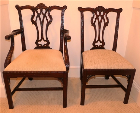 Pair of Theodore Alexander Mahogany Chippendale Style Chairs - Arm Chair and Side Chair - Trim Piece Missing on Frame of Arm Chair 