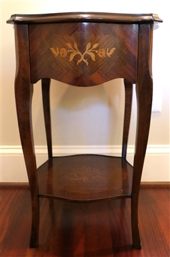 Beautiful Inlaid Side Table with Drawer - French Style - Inlaide Leaves and Flowers - table Measures 25" Tall 15" by 16"