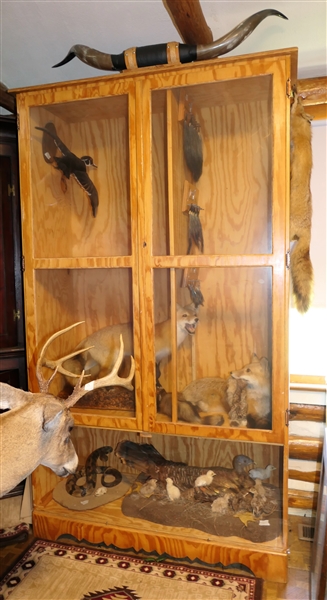 Wood Trophy Case with 2 Glass Doors at Top - Bottom is Open with Removable Plexiglass Front - Measures 64" tall 47" by 18"