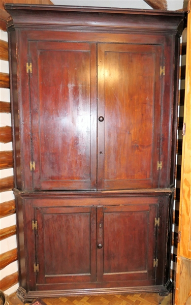 Walnut Pegged Corner Cupboard with Pine Secondary Wood - 4 Blind Doors - Hand Planed Back - Replaced "H" Hinges - Measures - 84" tall 46" by 24" Missing Trim Piece, Top Crown Side Piece, and...