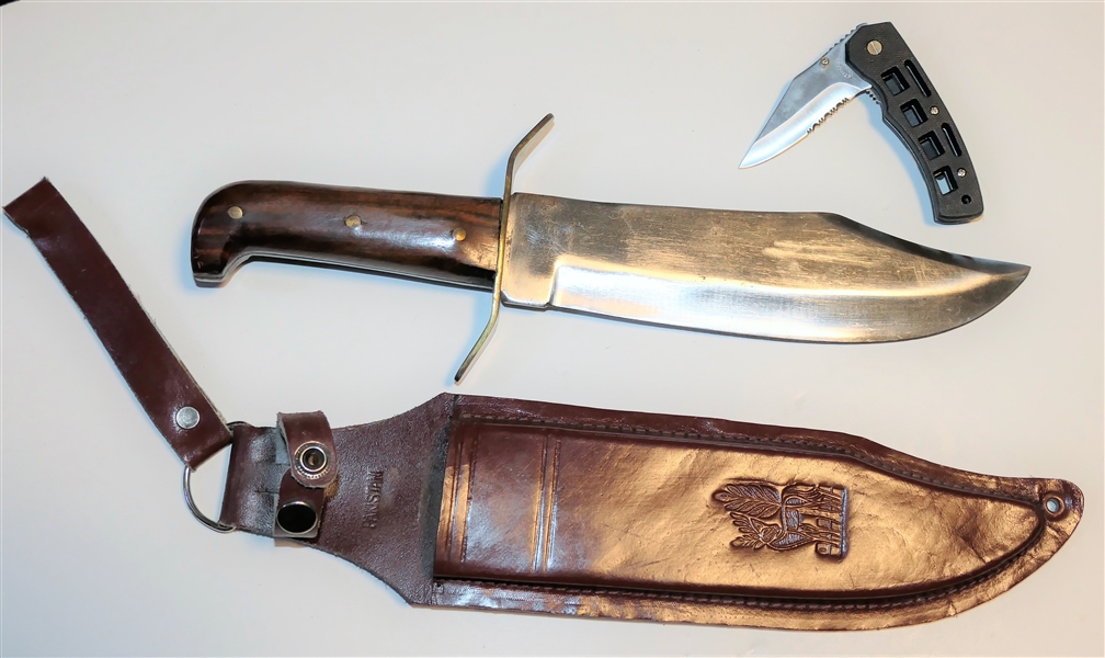 Large Pakistan Knife with Wood Handle in Leather Sheath with Impressed Deer - 15" Long and Small Frost Cutlery Folding Pocket Knife