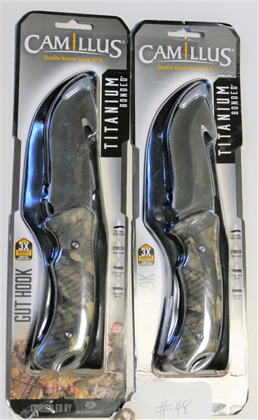 2 Camillus Gut Hook Knives - New in Original Packaging - 4" Gut Hook Blade - Camo Colored
