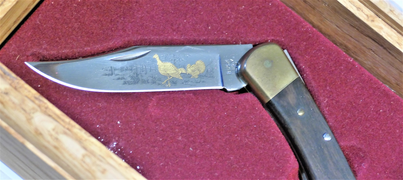 Model 110 - "Turkeys in Woods" Buck Knife - Number 0536 of 1000 - in Wood Case - with Marble Etched Lift Top with Turkey Design