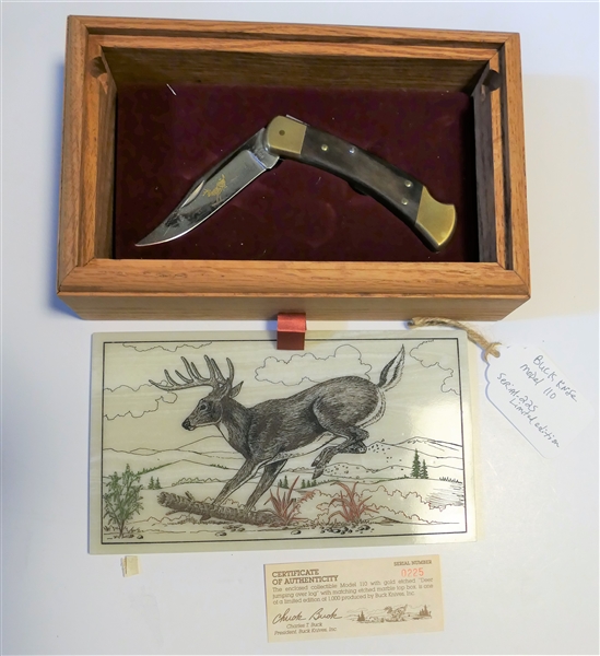 Model 110 - "Deer Jumping Over Log" Buck Knife - Number -0225 of 1000 in Wood Case with Marble Etched Lift top with Deer Design