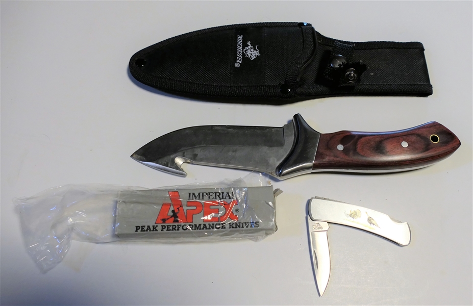 Winchester Hunting Knife in Black Sheath 10" Long, Small Buck Turkey Folding Knife - 525A, and Imperial APEX Knife in Original Cardboard Box