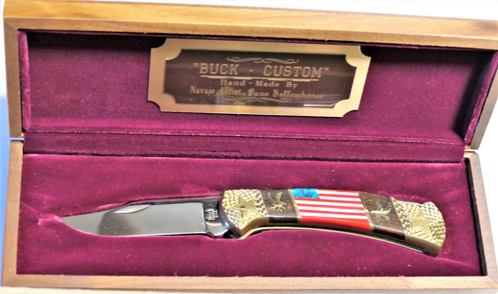 Special Limited Edition Buck Custom Knife "Flag Knife" by David Yellowhorse Number - 1189 of 2500 Inlaid Flag Handle - in Fitted Wood Case with Original Outer Cardboard Sleeve