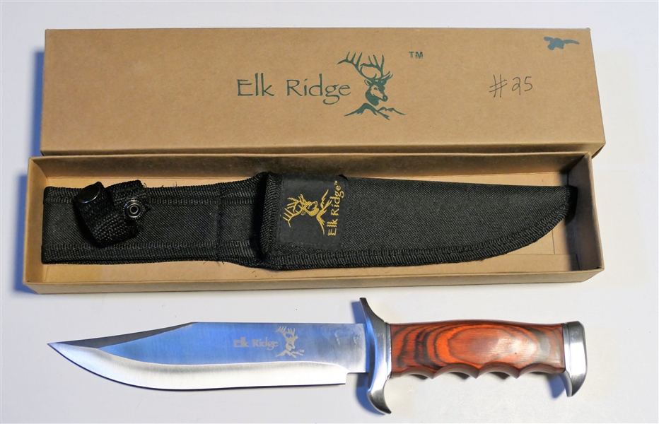 Elk Ridge Knife with Wood Handle in Sheath and Original Box - Measures 12 1/2" Long