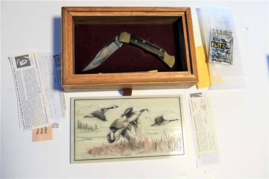 Model 110 "Geese in Flight" Buck Knife Number 0319 of 1000 in Original Wood Box with Matching Etched Marble Top