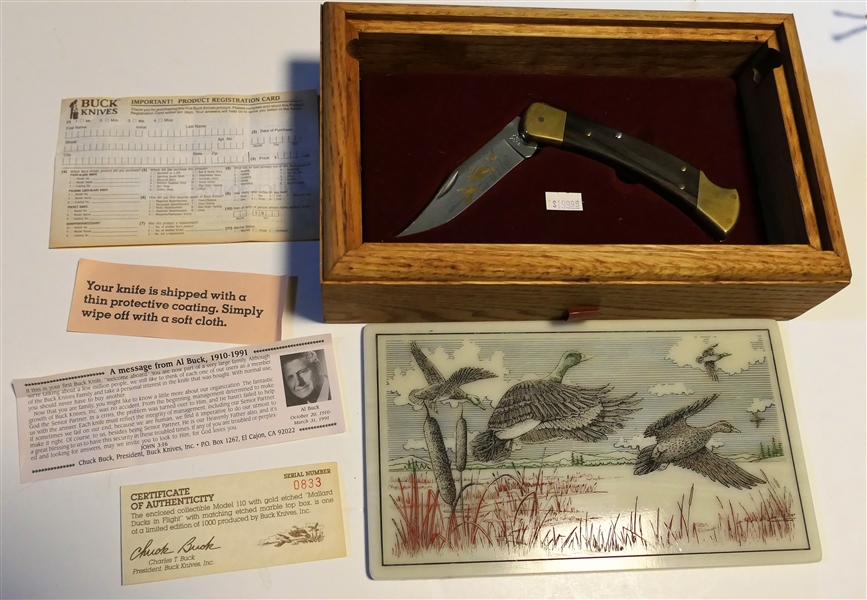 Model 110 "Mallard Ducks in Flight" Buck Knife in Wood Case with Matching Etched Marble Lift Top - Number 0833 or 1000