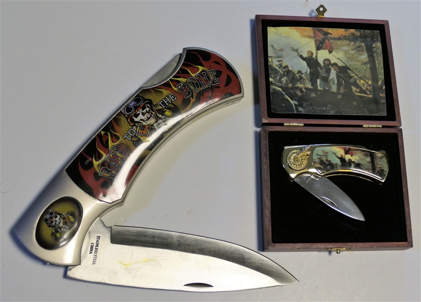 Confederate Scene Folding Knife in Wood Box and Large "Bad to the Bone" Novelty Knife 10" Long