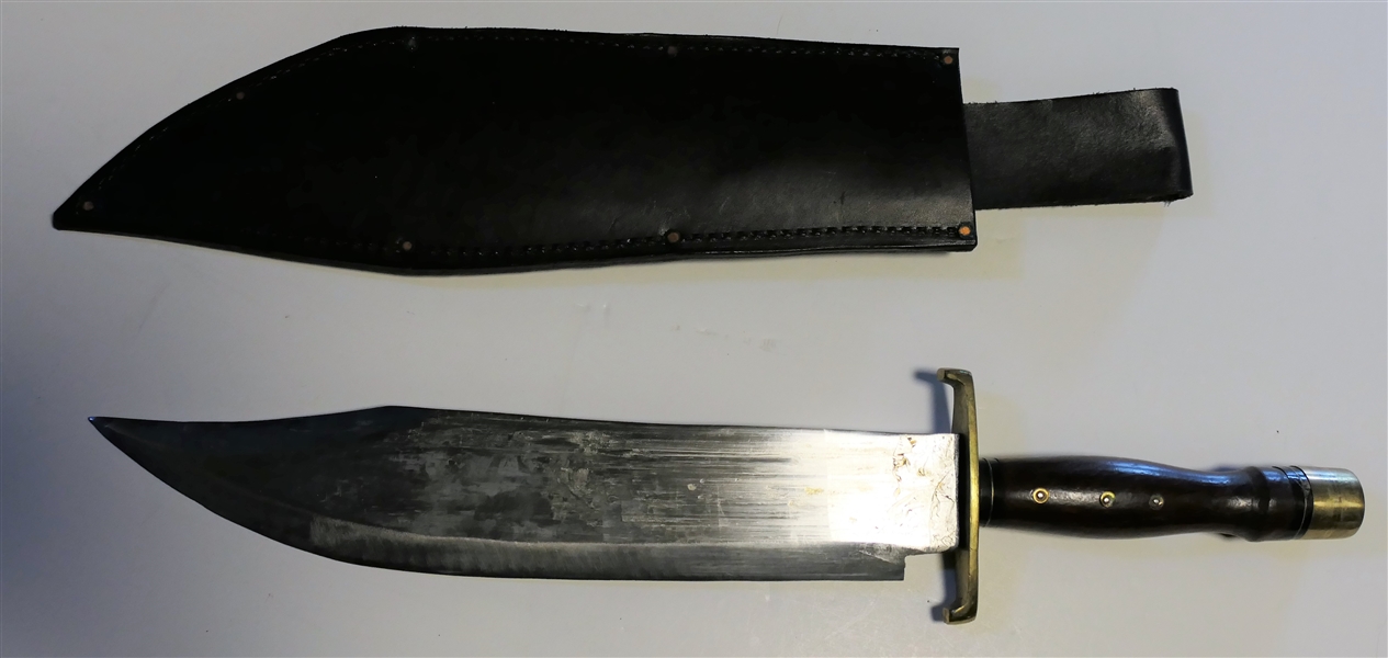 Large Knife with Brass End and Hand Guard in Leather Sheath - Measures 18"