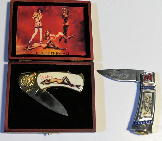Franklin Mint "Robert E. Lee" Folding Knife and "Vanessa" Pinup Knife in Wood Box