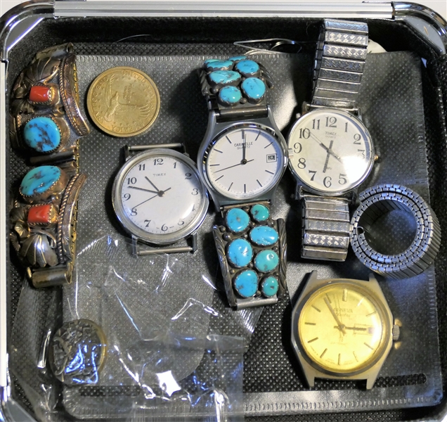 Vaultz CD Holder with 2 Sterling Silver and Turquoise Watch Bands, 1994 Wild Turkey Stamp, and Watches - Timex, Geneva