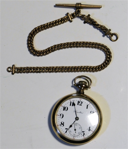 Hamilton 17 Jewel Pocketwatch - Gold Filled Case with Monogram  with Watch Chain - Watch Measures 2" Across