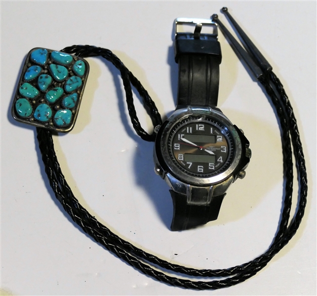Silver and Turquoise Bolo - 2" by 1 1/2" and Watch with Broken Band