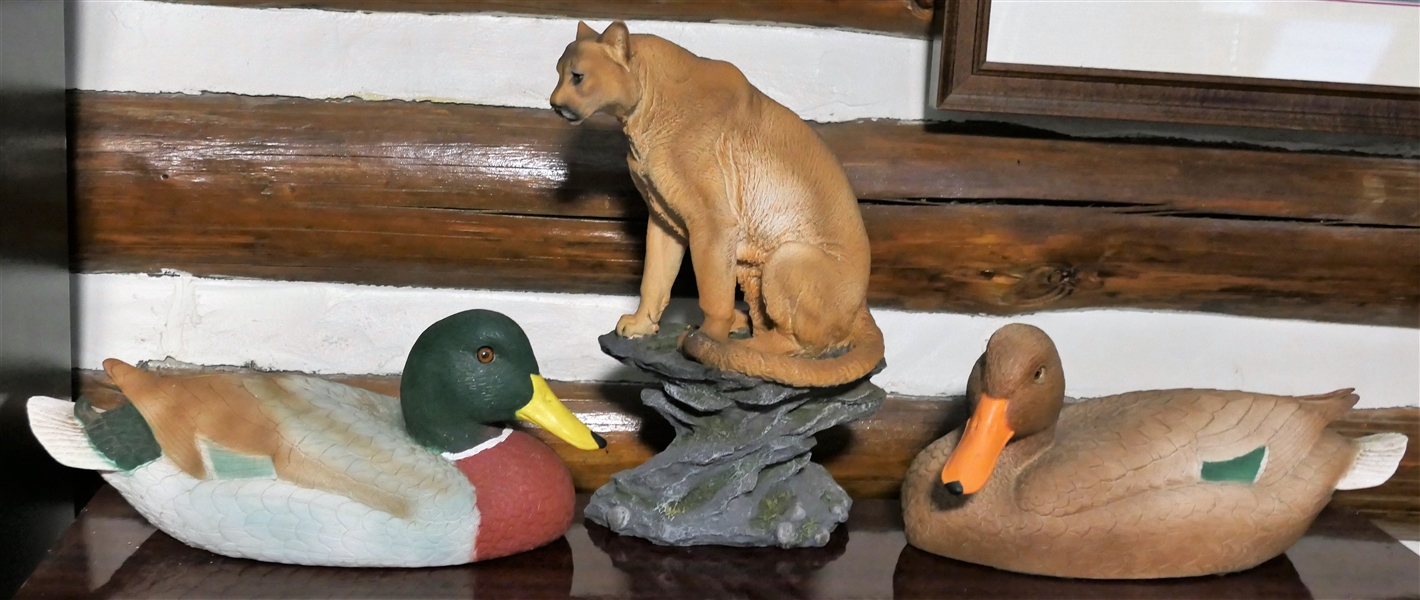 2 Decorative Resin Ducks and Mountain Lion Statue - Ducks Measure 14" Beak to Tail Mountain Lion 13 1/2" Tall