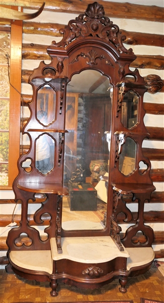Walnut Victorian Pier Mirror / Étagère with Drawer - Marble on Bottom - Fruit Carved Pull on Drawer - Shelves Graduate - Measures 89" tall 44" Wide