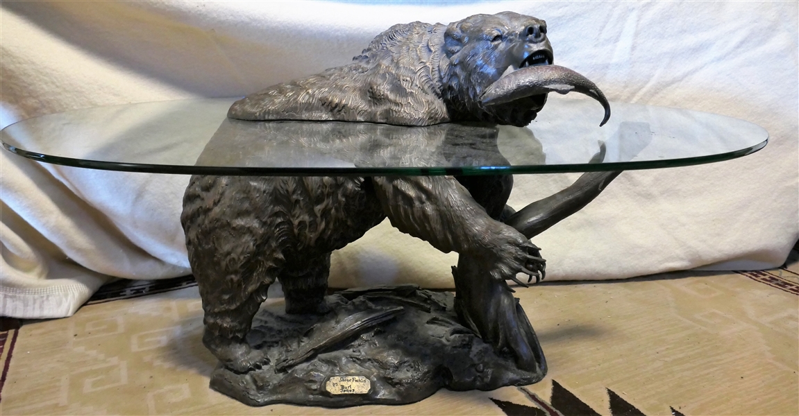 "Gone Fishin" by Burl Jones - Resin Bear Coffee Table with Glass Top - Bear is in 2 Pieces to Appear Table is Floating Around Him - Measures 16 1/2" to Table Top - 46" by 26"