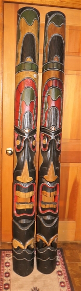 Not in House - Pair of Indonesian Wood Carved and Painted Hanging Totem - Measures 78" Tall
