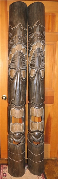 Pair of Indonesian Wood Carved Hanging Totems - Measuring 78" Tall