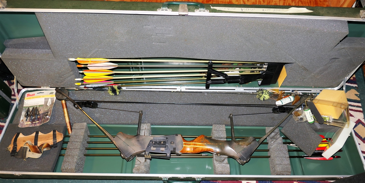 Browning Explorer II XL Series Compound Bow with Lots of Arrows, Hard Case, Razor Tips, and Accessories - Case is Labeled Left Hand Compound Bow