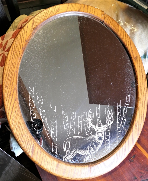 Oak Framed Oval Mirror with Deer Scene - Measures 22 1/2" by 18 1/2"