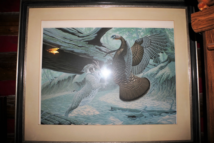 Turkey and Bob Cat Print - Artist Richard Sloan - Framed and Matted - Frame Measures - 27" by 32" - Overall Sun Fading