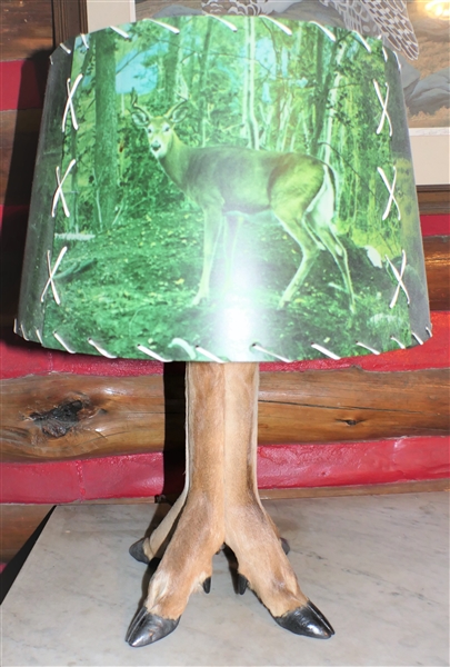 Deer Hoof Lamp with Deer Scene Shade - Measures 21" Tall