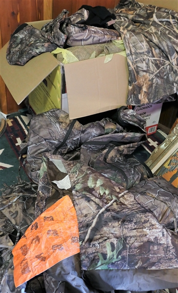 Lot of Hunting Clothes, Blinds, Cushions, Etc. Including Dog House Blind with Bag and Instructions