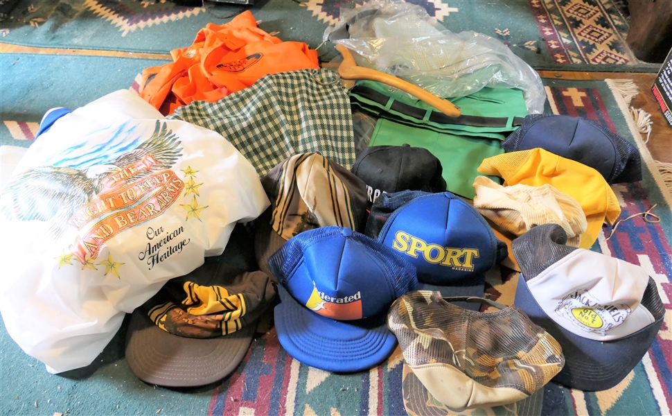 Lot of Vintage Hats, Pants, and Jacket - Anton Racing Apparel "The Judge" Jacket, "The Right To Bear Arms" Jacket, Super Bowl 21 Hat, and Others
