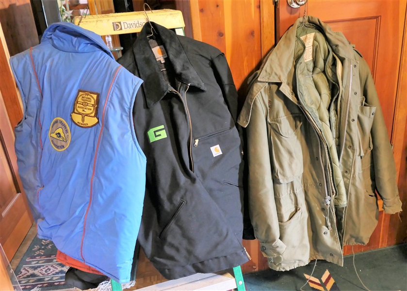 Like New 2XL Carhart Jacket with Green "G", Military Heavy Coat, and Vest with Virginia Trappers Association Patches