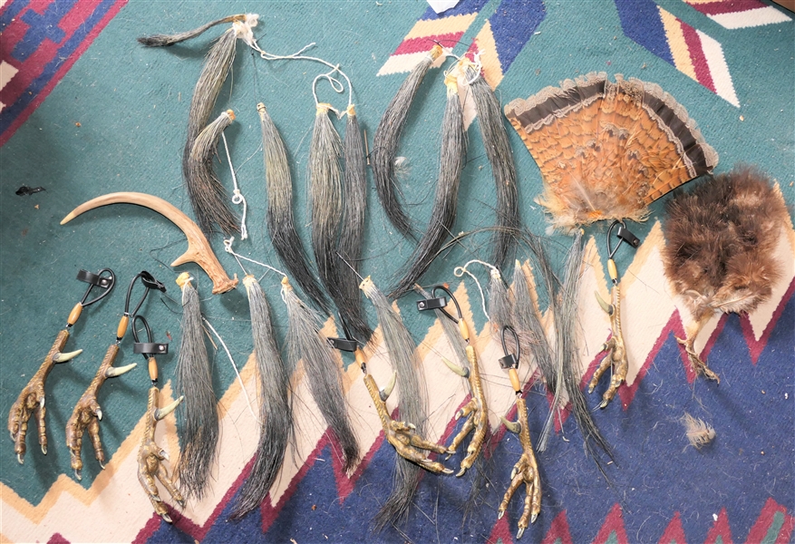 Lot of Turkey Beards of Varying Lengths, Faux Turkey Foot Key Chains, and Feathers