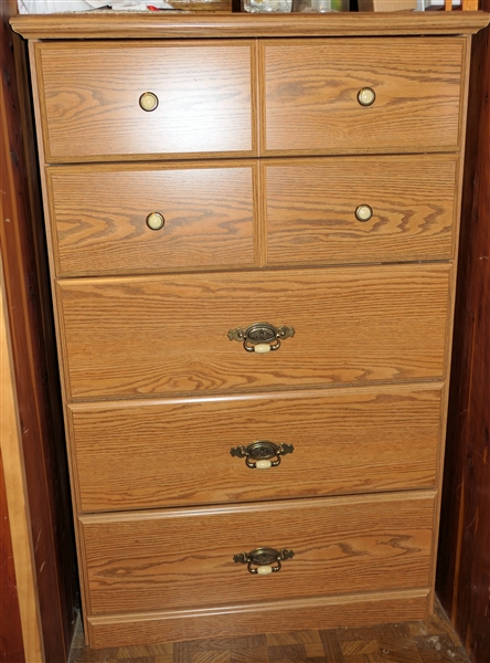 Faux Oak 5 Drawer Chest - Measures 47" tall 30" by 17"