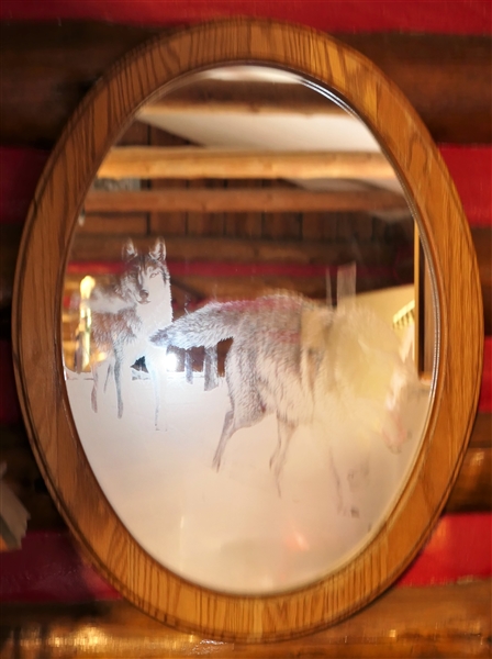 Oak Framed Oval Mirror with Wolf Scene - Measures 22 1/2" by 18 1/2"