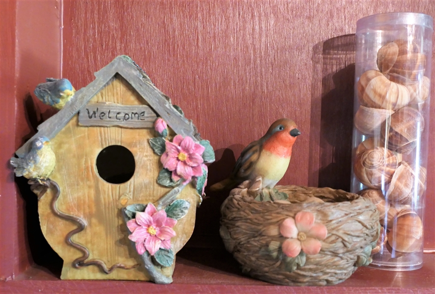 "Welcome" Bird House, Bird with Nest, and Lot of Shells