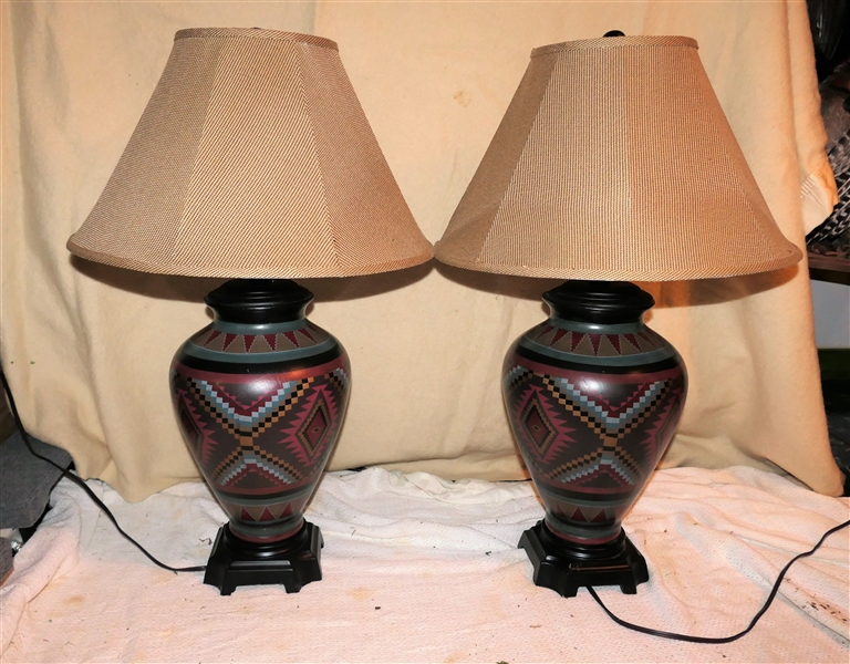 Pair of Southwestern Inspired Table Lamps with Light Tan Shades - each Measures 30" - One Needs Bulb Tightening Other Has Repaired Cord