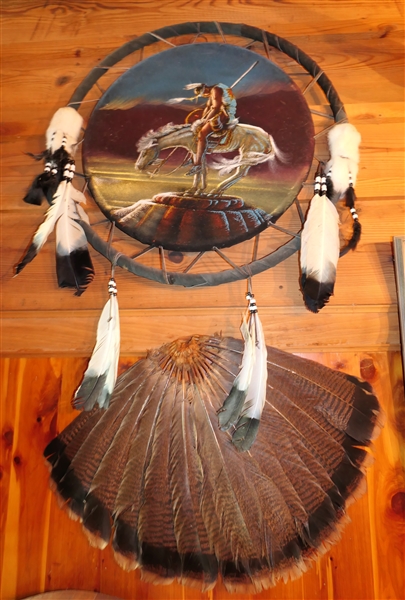 Hand Painted War Shield with Indian and Horse Scene Measures 25" Across and Turkey Tail