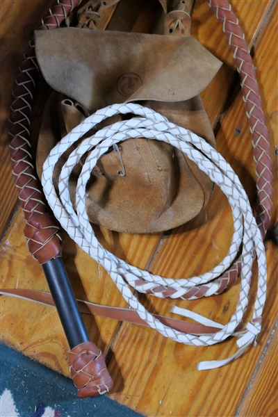 Braided Leather Bull Whip and Suede Pouch 