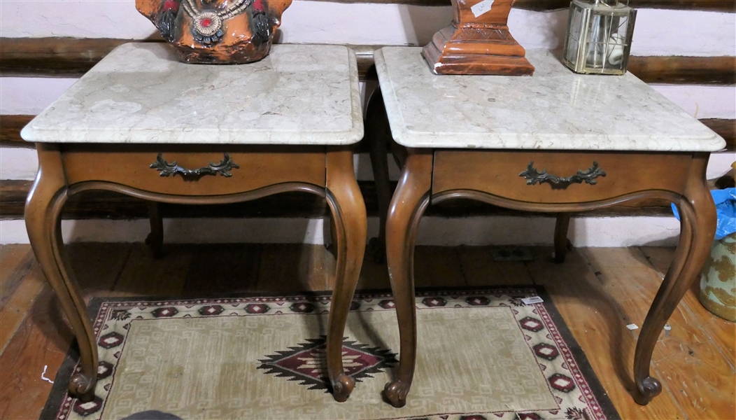 Pair of Lane Furniture French Provincial Style End Tables with Faux Marble Tops - 1 Drawer - Each Table Measures 22" tall 27" by 22"